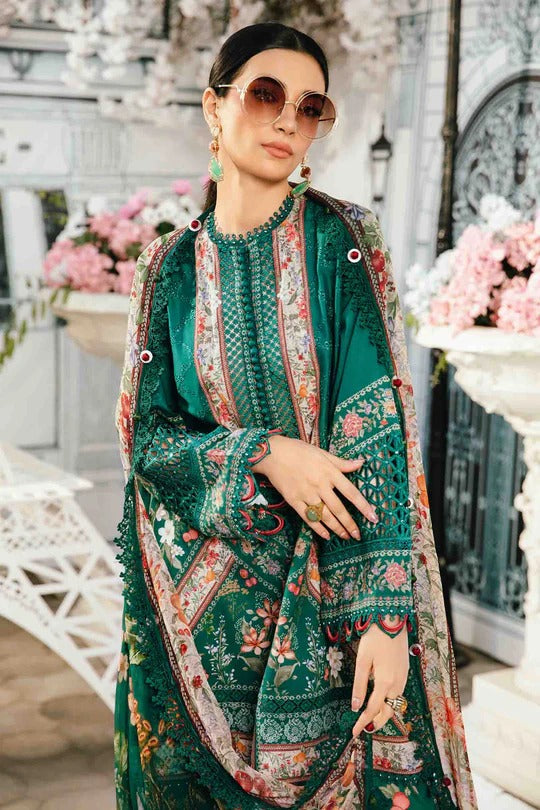 Emerald Bloom & 3 Piece Unstitched Green Lawn Suit with Organza Details