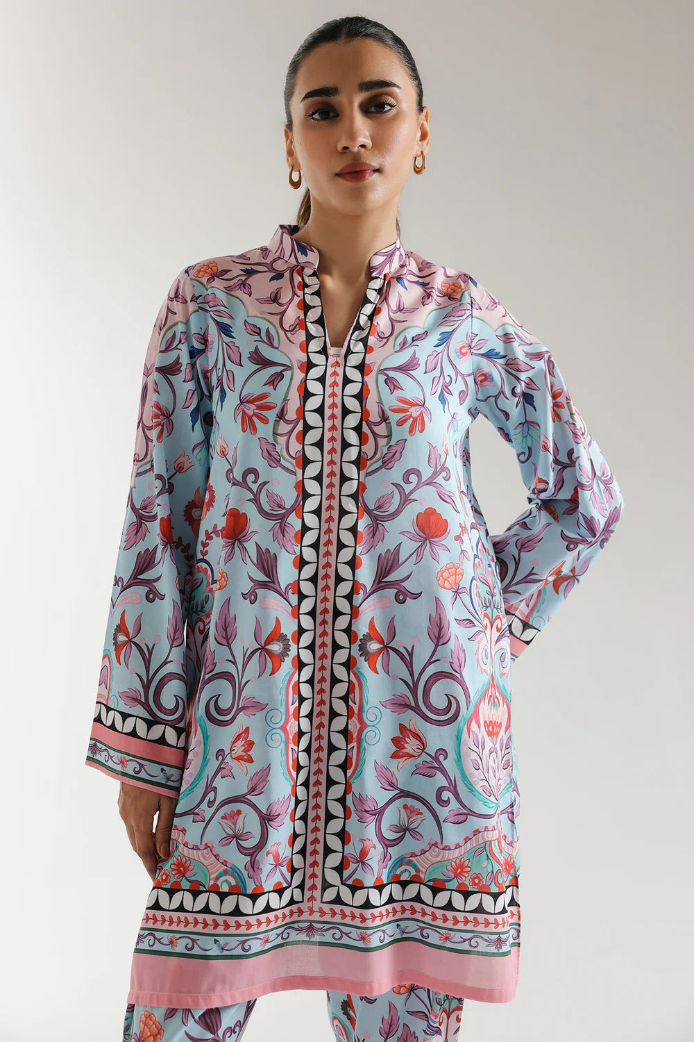 Baby Blue Color 2Piece Printed Co-Ord with Square Hem Shirt & Printed Trouser