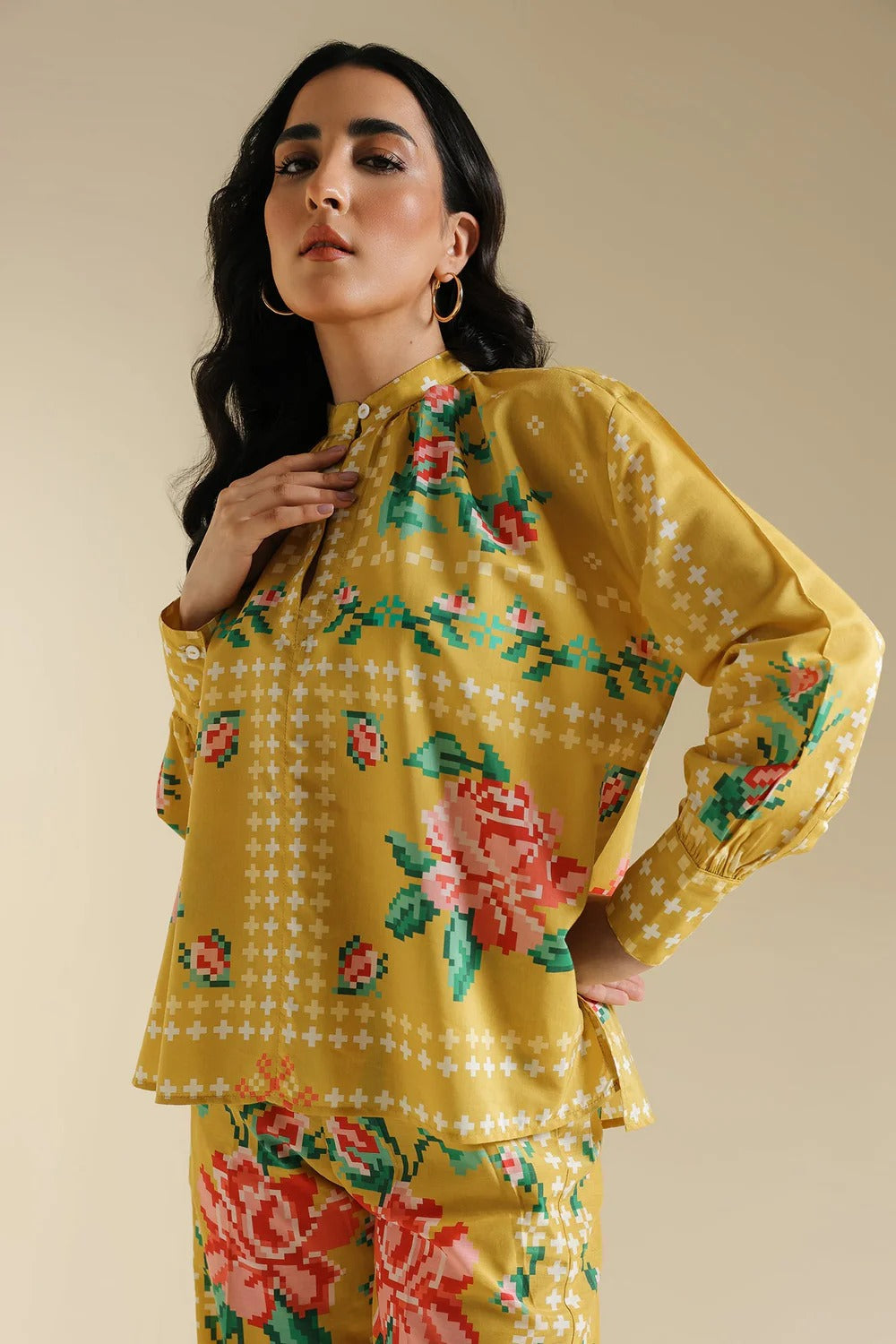 Mustard Yellow Digital Floral Print 2Pc Suit with Shirt Short Length & Trouser