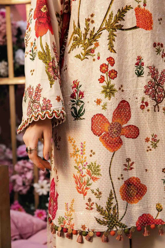 Ivory & Red Embroidered Lawn 3 Piece Suit with Dyed Cambric & Chiffon Dupatta