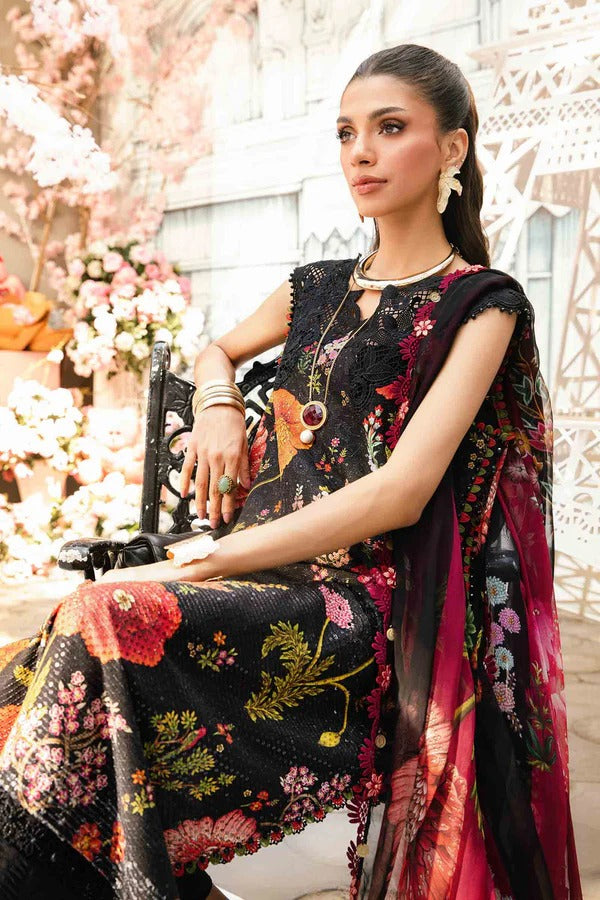Maria.B Unstitched 3 Piece Airjet Lawn Suit in Black with Bold Digital Floral Prints