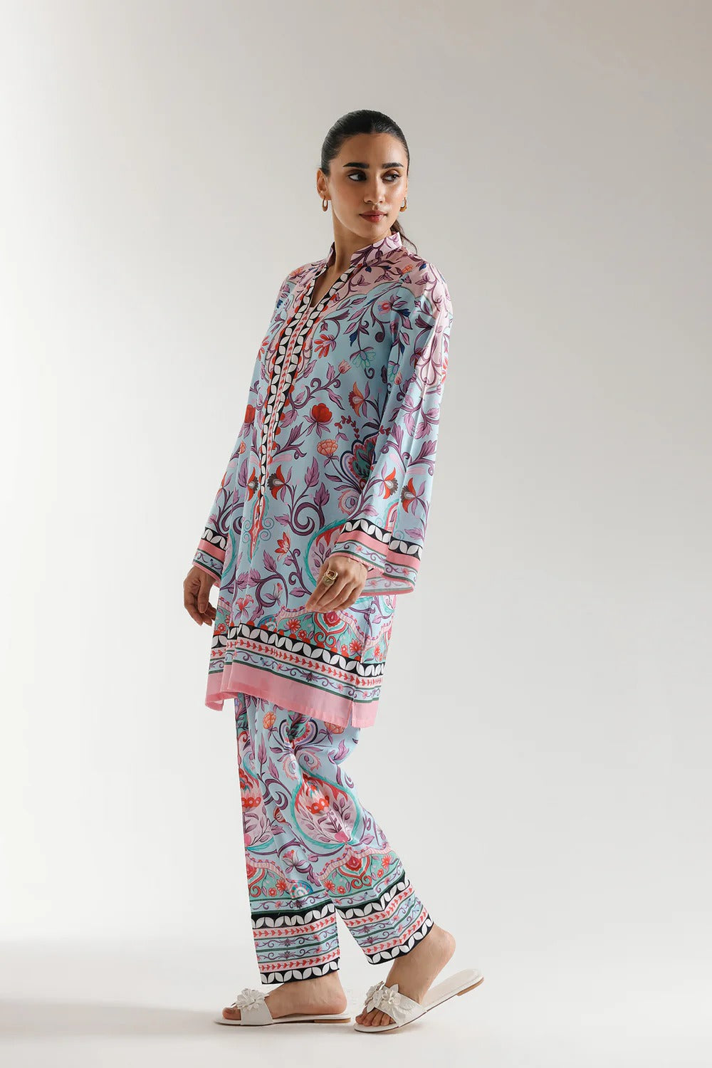 Baby Blue Color 2Piece Printed Co-Ord with Square Hem Shirt & Printed Trouser