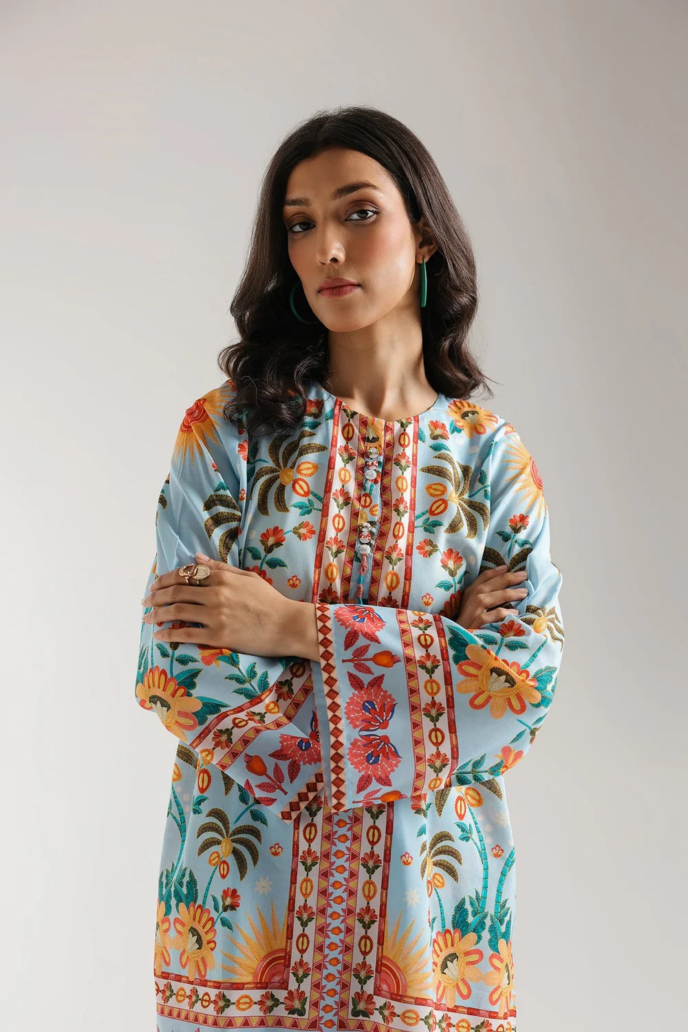 Sky Blue Stitched 2-Piece Lawn Suit with Tropical Vibes Digital Print