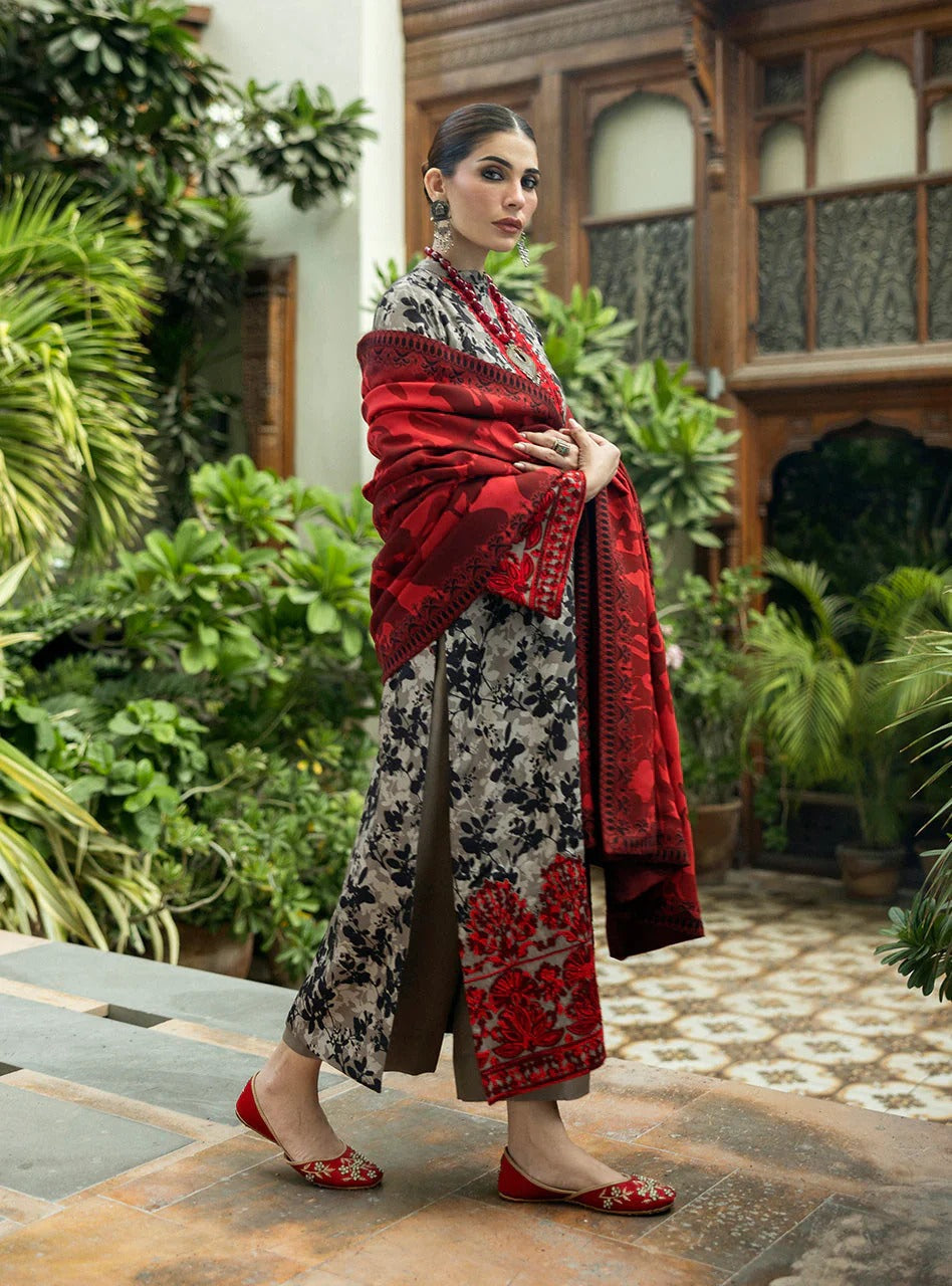 Zainab Chottani Embroidered Unstitched 3 Piece Suit – Aari Work on Grey with Red Accents
