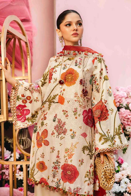 Ivory & Red Embroidered Lawn 3 Piece Suit with Dyed Cambric & Chiffon Dupatta