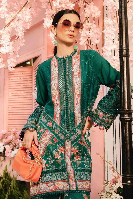 Emerald Bloom & 3 Piece Unstitched Green Lawn Suit with Organza Details