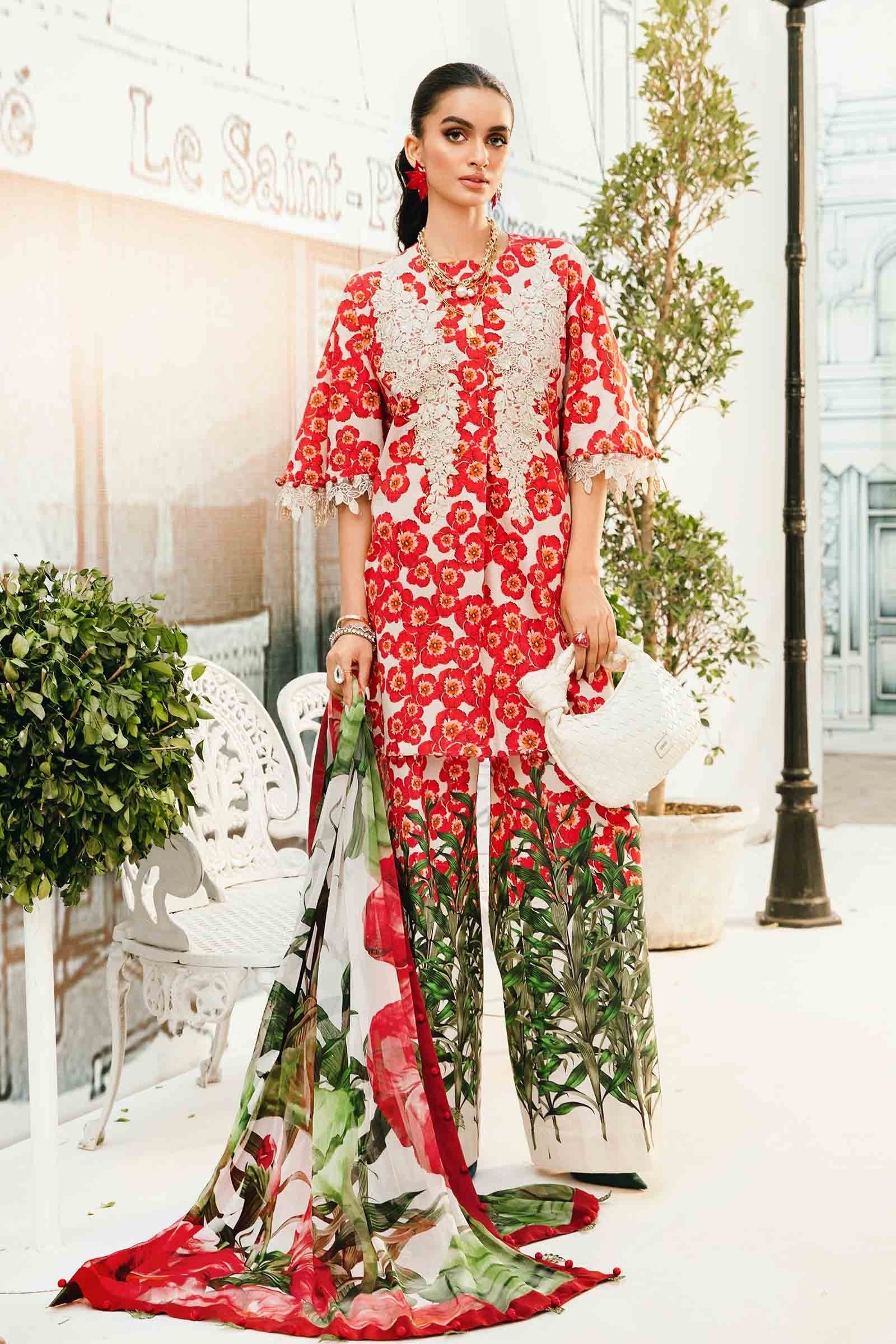 Red Garden Elegance Embroidered Lawn Dress with 3D Embroidered Neckline