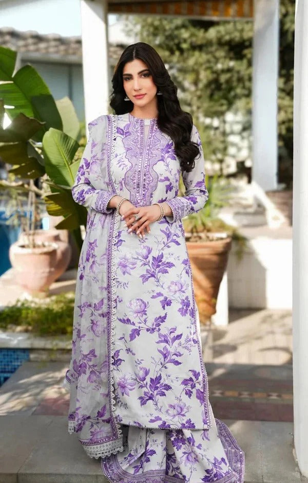 Unstitched Lawn 3Pc Suit Digital Printed Shirt with Heavy Embroidered Patches & Chiffon Dupatta