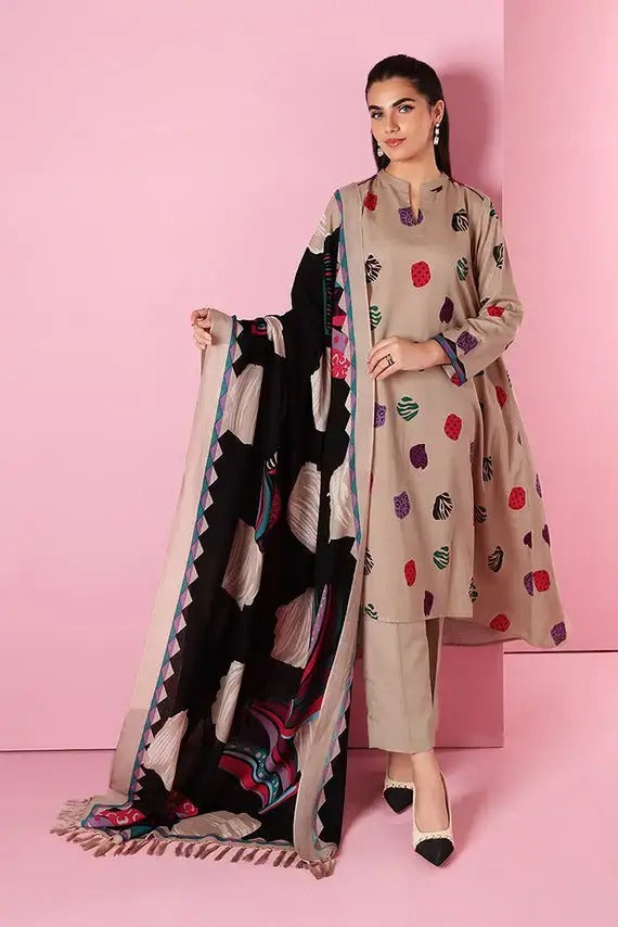 Nishat Luxury Embroidered 3 Pc Suit, Beige with Multi Color Digital Print & Wool Shawl
