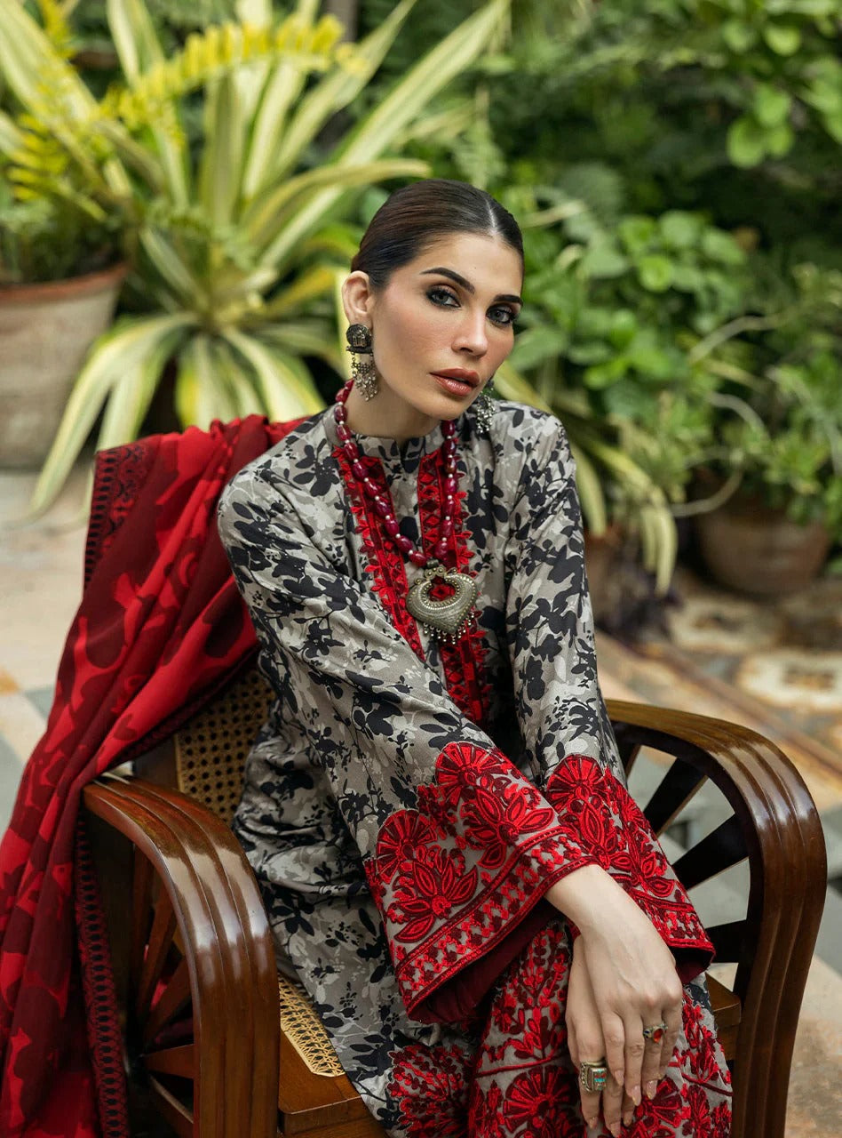 Zainab Chottani Embroidered Unstitched 3 Piece Suit – Aari Work on Grey with Red Accents