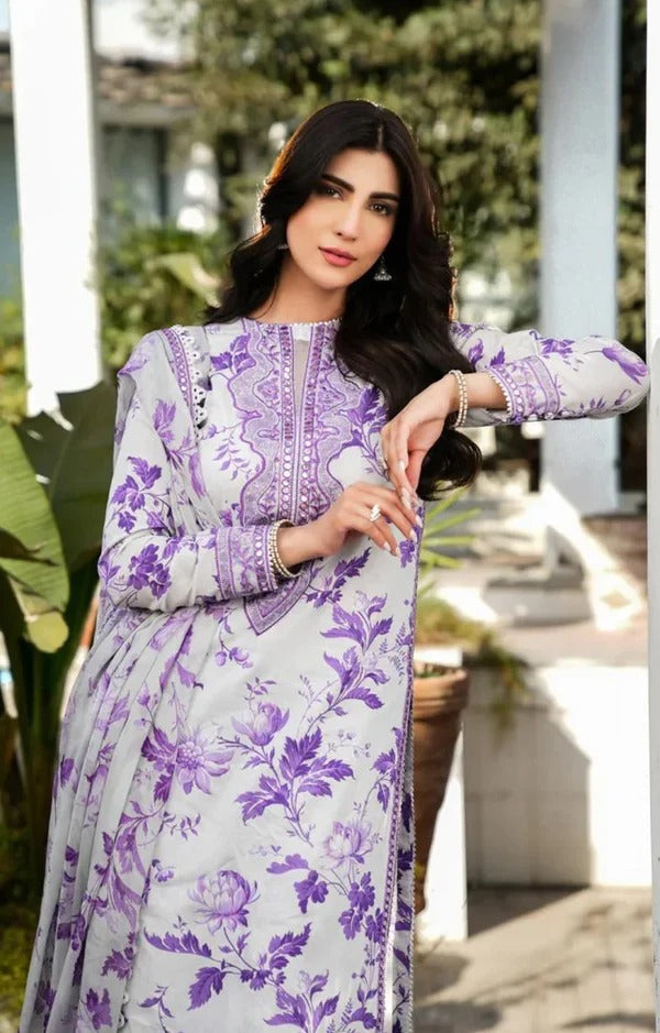 Unstitched Lawn 3Pc Suit Digital Printed Shirt with Heavy Embroidered Patches & Chiffon Dupatta