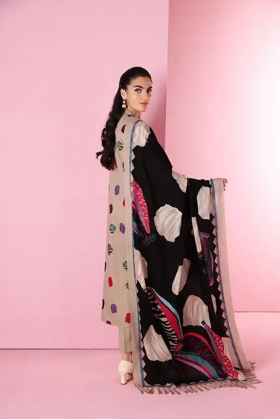 Nishat Luxury Embroidered 3 Pc Suit, Beige with Multi Color Digital Print & Wool Shawl