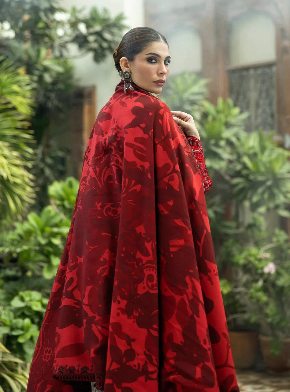 Zainab Chottani Embroidered Unstitched 3 Piece Suit – Aari Work on Grey with Red Accents