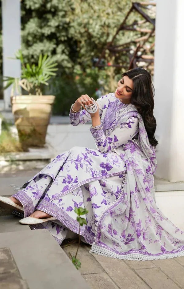 Unstitched Lawn 3Pc Suit Digital Printed Shirt with Heavy Embroidered Patches & Chiffon Dupatta
