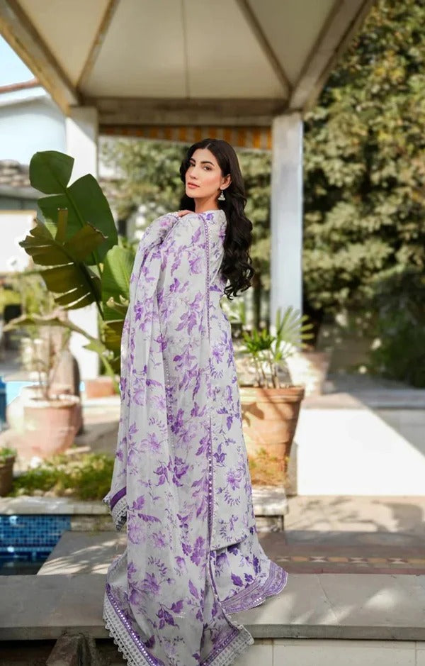 Unstitched Lawn 3Pc Suit Digital Printed Shirt with Heavy Embroidered Patches & Chiffon Dupatta