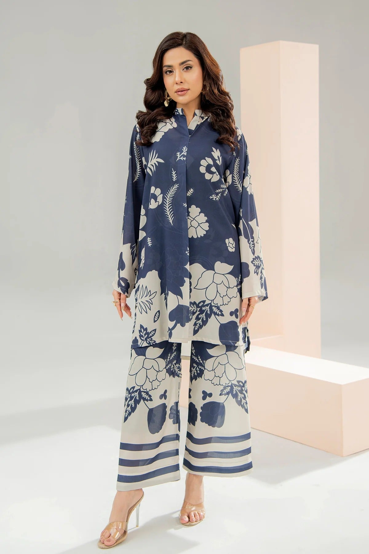 Navy Blue Floral Printed 2Pc Stitched Suit for Women with Stylish CoOrd Set