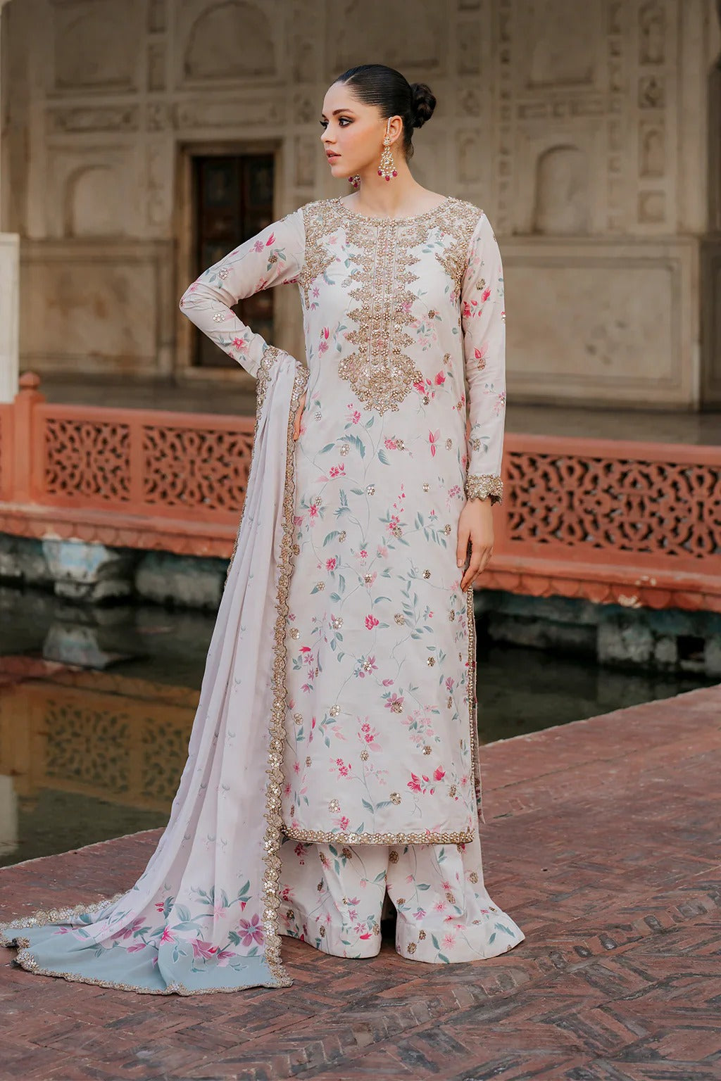 Znik Linen Embroidered 3Pc Suit with Soft Pink Floral Digital Print & Heavy Embroidery
