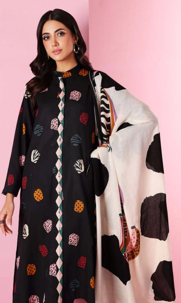 Nishat Embroidered Dhanak 3Pc with Black Printed Shirt, Plain Trousers & Digital Wool Shawl