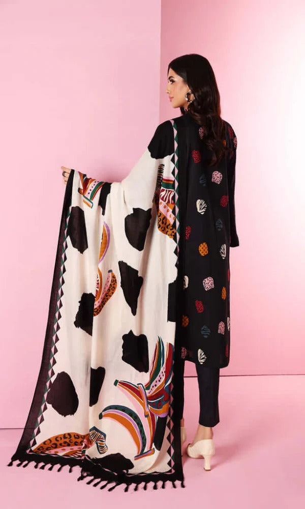 Nishat Embroidered Dhanak 3Pc with Black Printed Shirt, Plain Trousers & Digital Wool Shawl