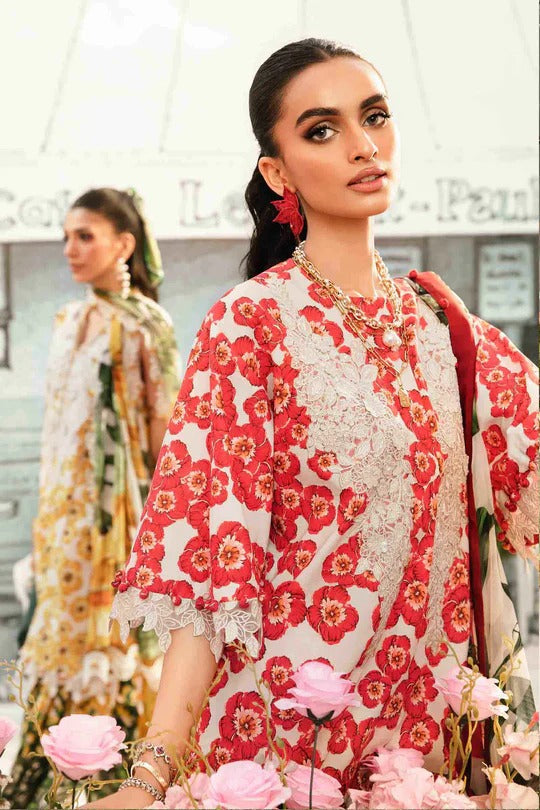 Red Garden Elegance Embroidered Lawn Dress with 3D Embroidered Neckline