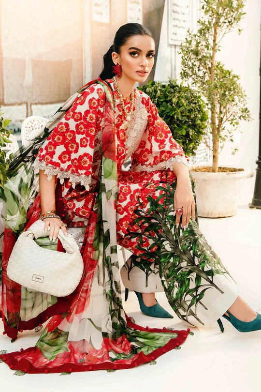 Red Garden Elegance Embroidered Lawn Dress with 3D Embroidered Neckline