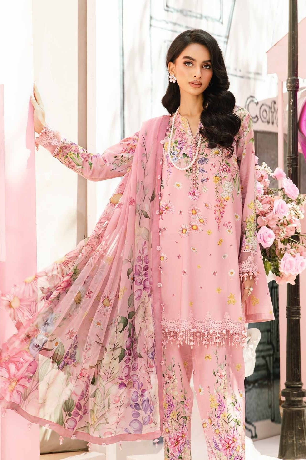 Maria.B Summer 2025 Lawn with 3 Piece Rosy Pink Unstitched Embroidered Ensemble