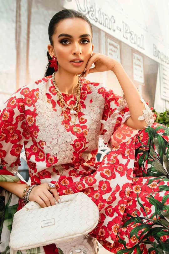 Red Garden Elegance Embroidered Lawn Dress with 3D Embroidered Neckline