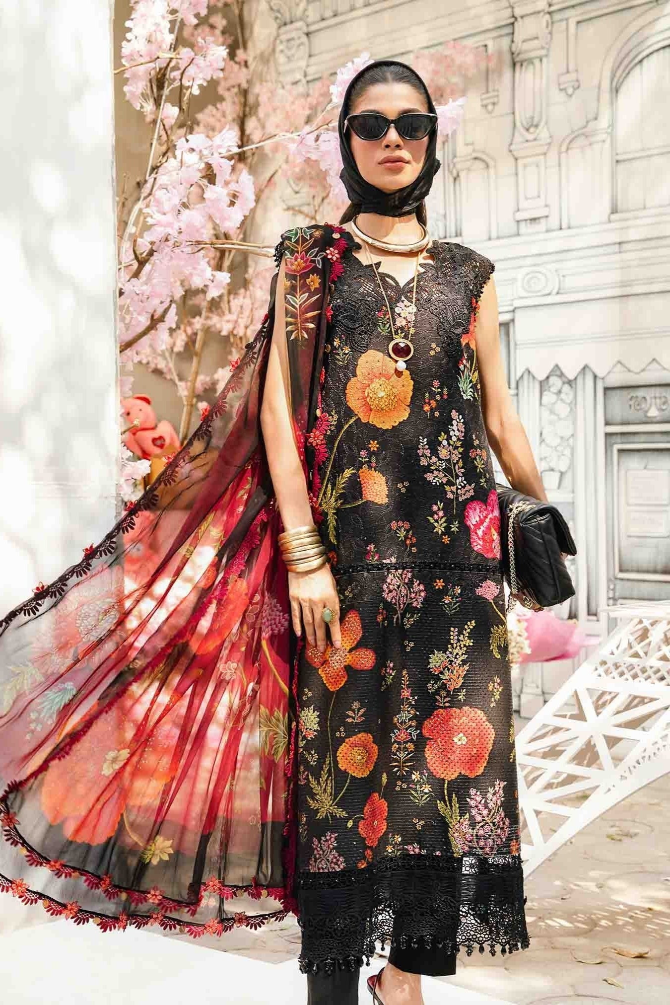 Maria.B Unstitched 3 Piece Airjet Lawn Suit in Black with Bold Digital Floral Prints