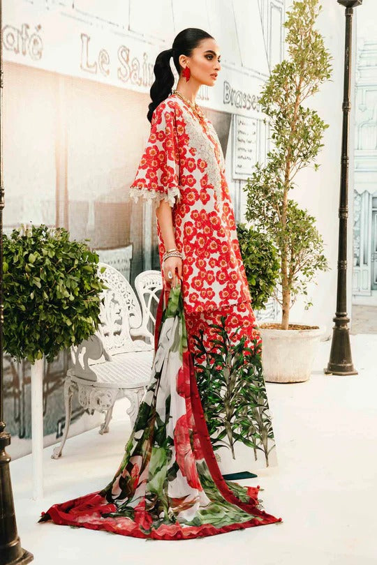 Red Garden Elegance Embroidered Lawn Dress with 3D Embroidered Neckline