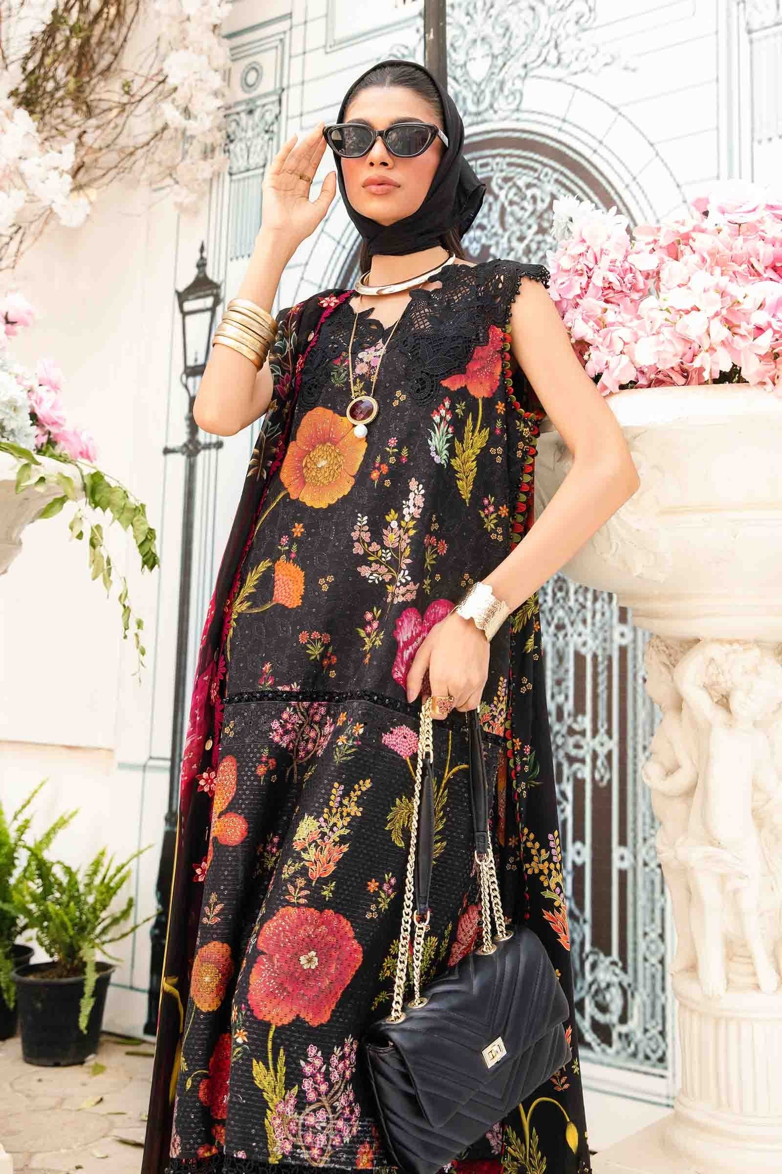 Maria.B Unstitched 3 Piece Airjet Lawn Suit in Black with Bold Digital Floral Prints