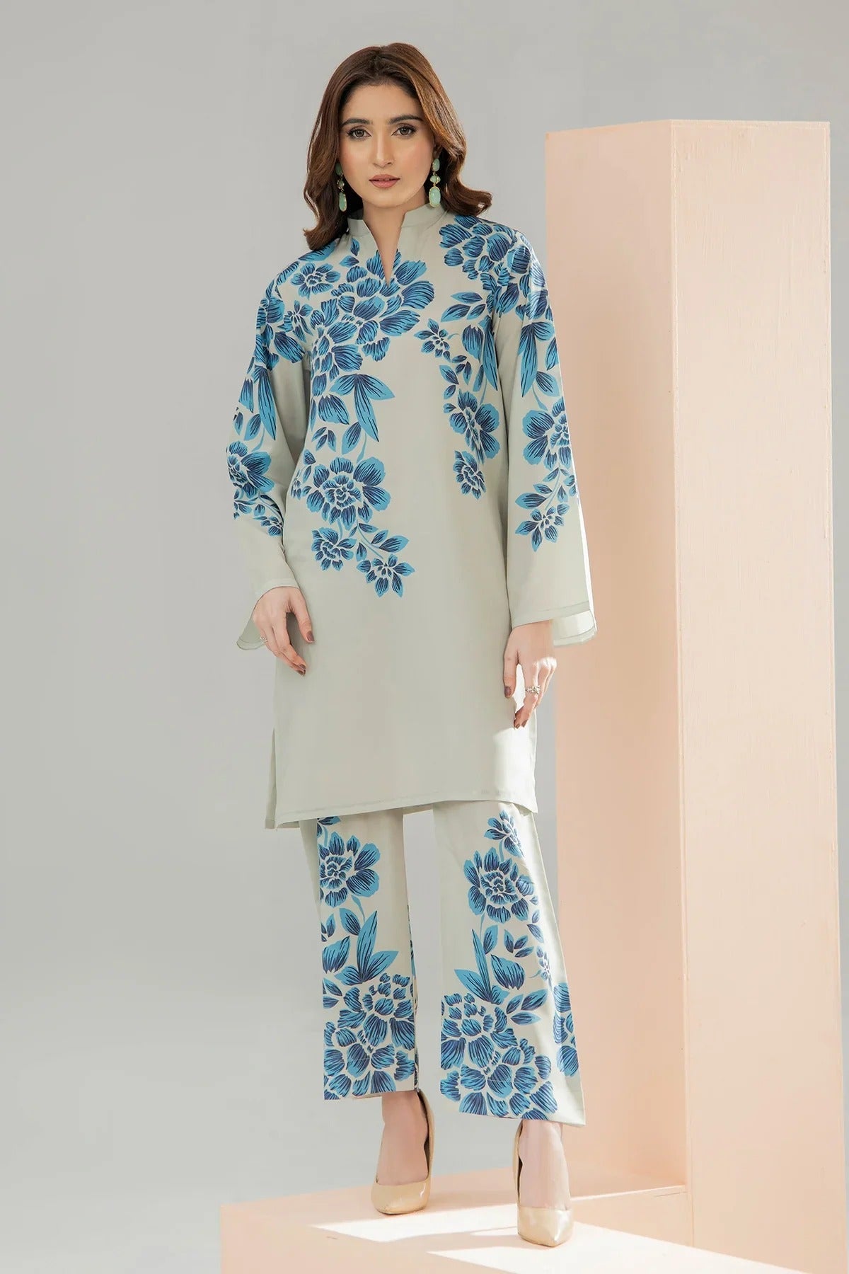 Stitched 2‑Piece Printed Shirt & Trouser – Mint Blossom Elegance