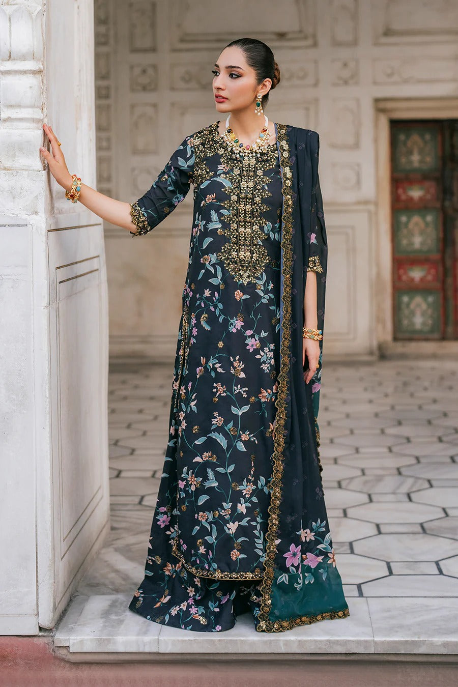 Znik Black Linen Embroidered 3Pc Suit with Digital Printed Shirt, Trouser & Dupatta