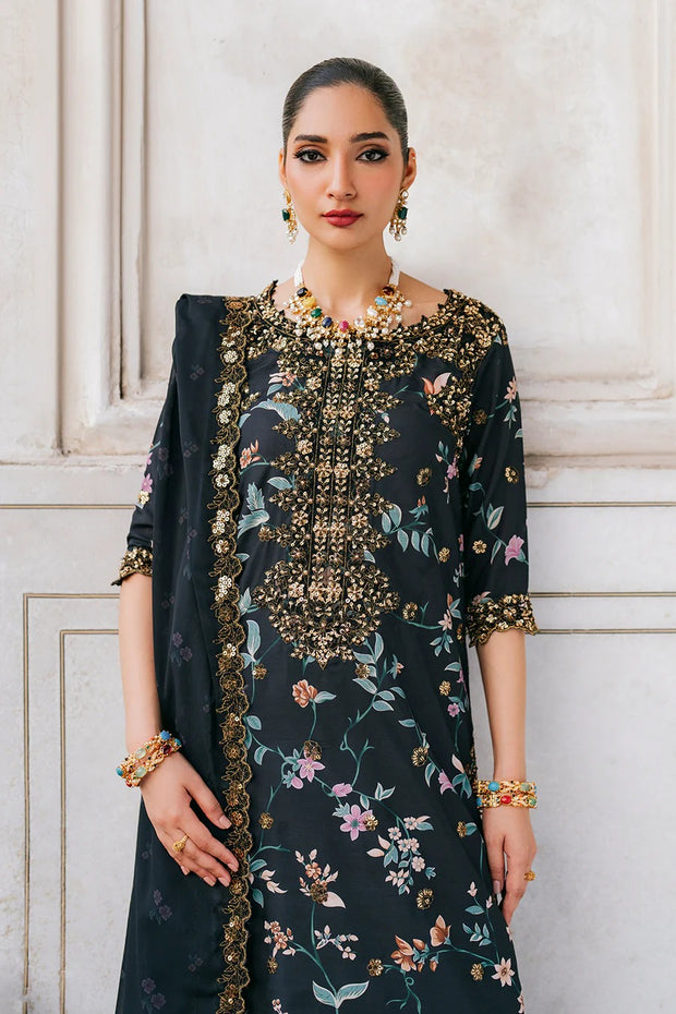 Znik Black Linen Embroidered 3Pc Suit with Digital Printed Shirt, Trouser & Dupatta