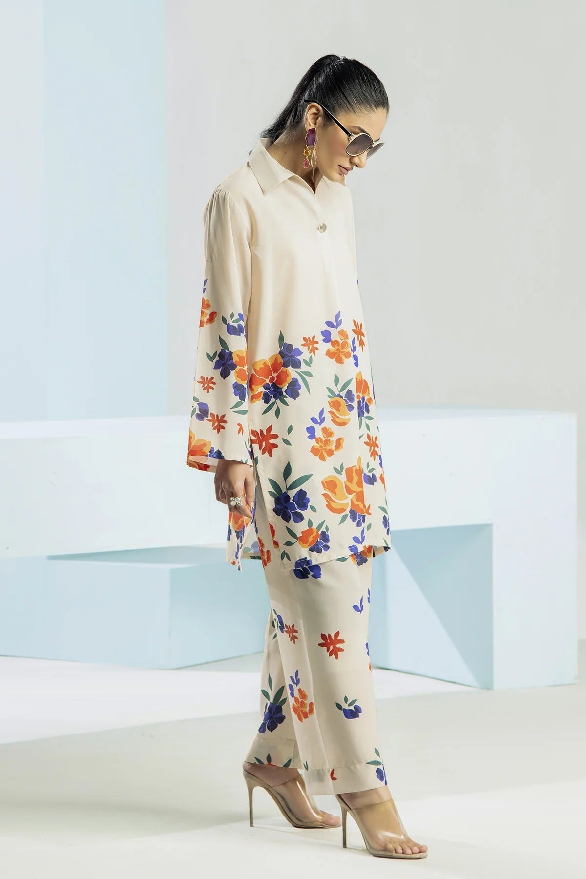 Beige Floral Printed Stitched 2Pc Suit with Trendy Ban Neck Shirt & Straight Trouser