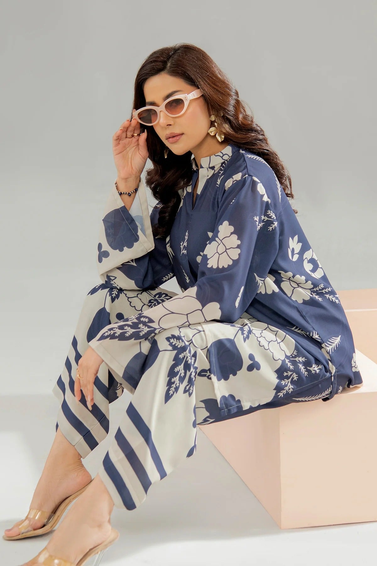 Navy Blue Floral Printed 2Pc Stitched Suit for Women with Stylish CoOrd Set