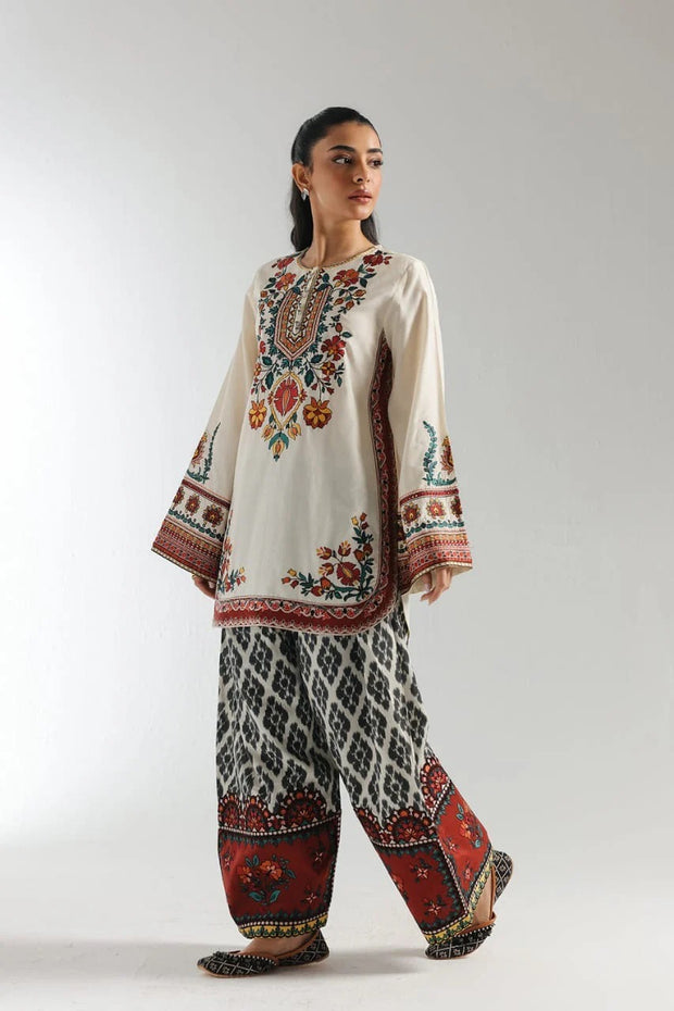 Elegant Ivory Embroidered Tunic & Maroon Flared Farshi Shalwar with 2PC Ethnic Co-Ord Set