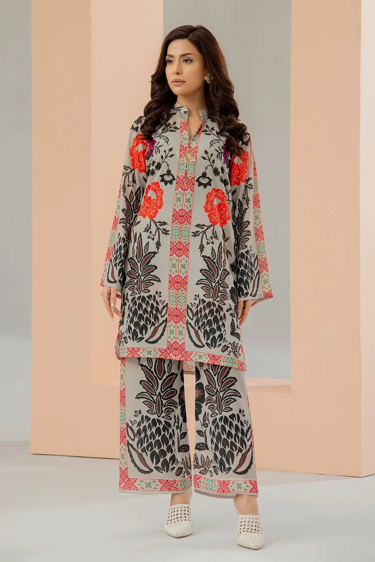Elegant Grey Printed Co-Ord Set and Stitched 2 Piece with Bold Ethnic Floral