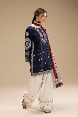 Luxury Navy Blue Embroidered Lawn 3PC Unstitched Suit & Printed Dupatta