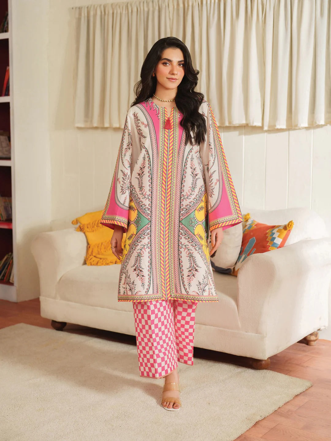Vibrant Printed 2Pc Crepe Suit with Pink Geometric, Ethnic Fusion & Trouser Set