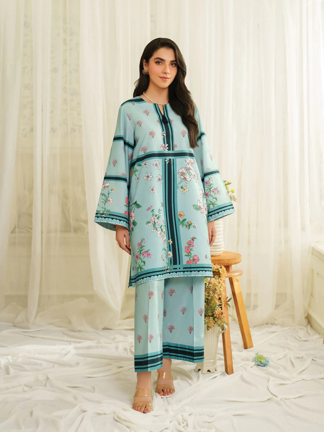 Sky Blue Floral Printed 2Pc CoOrd Set with Straight Fit Shirt & Matching Trouser