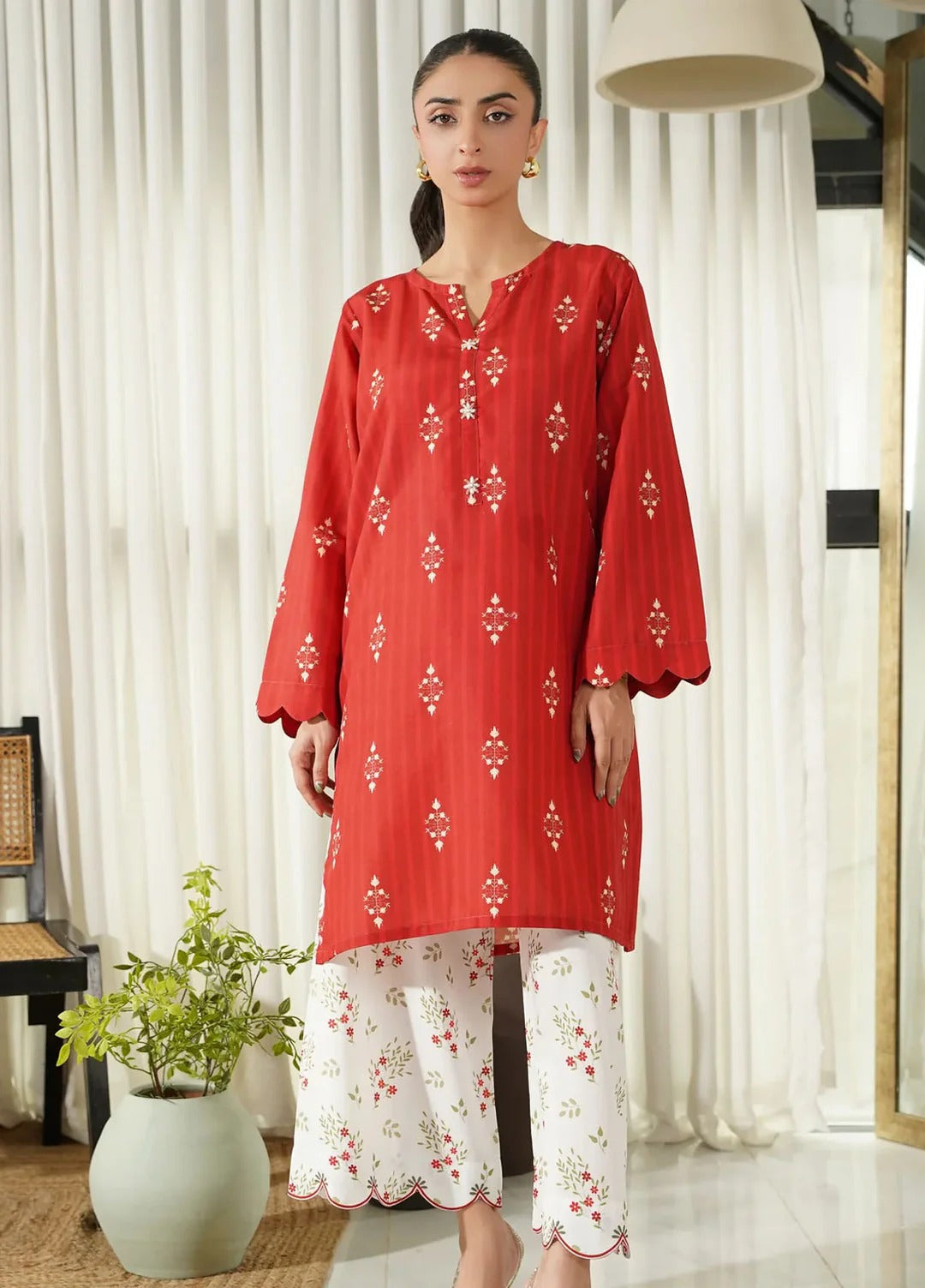 Sienna Red & White 2Pc Printed Poly Cambric Suit with Straight Fit Shirt & Trouser