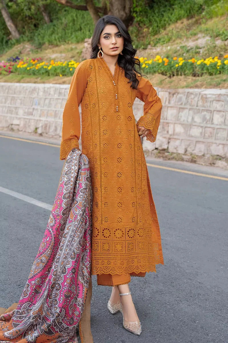 Chikankari Mustard Schiffli Lawn 3PC Suit with Embroidered Accents & Silk Dupatta