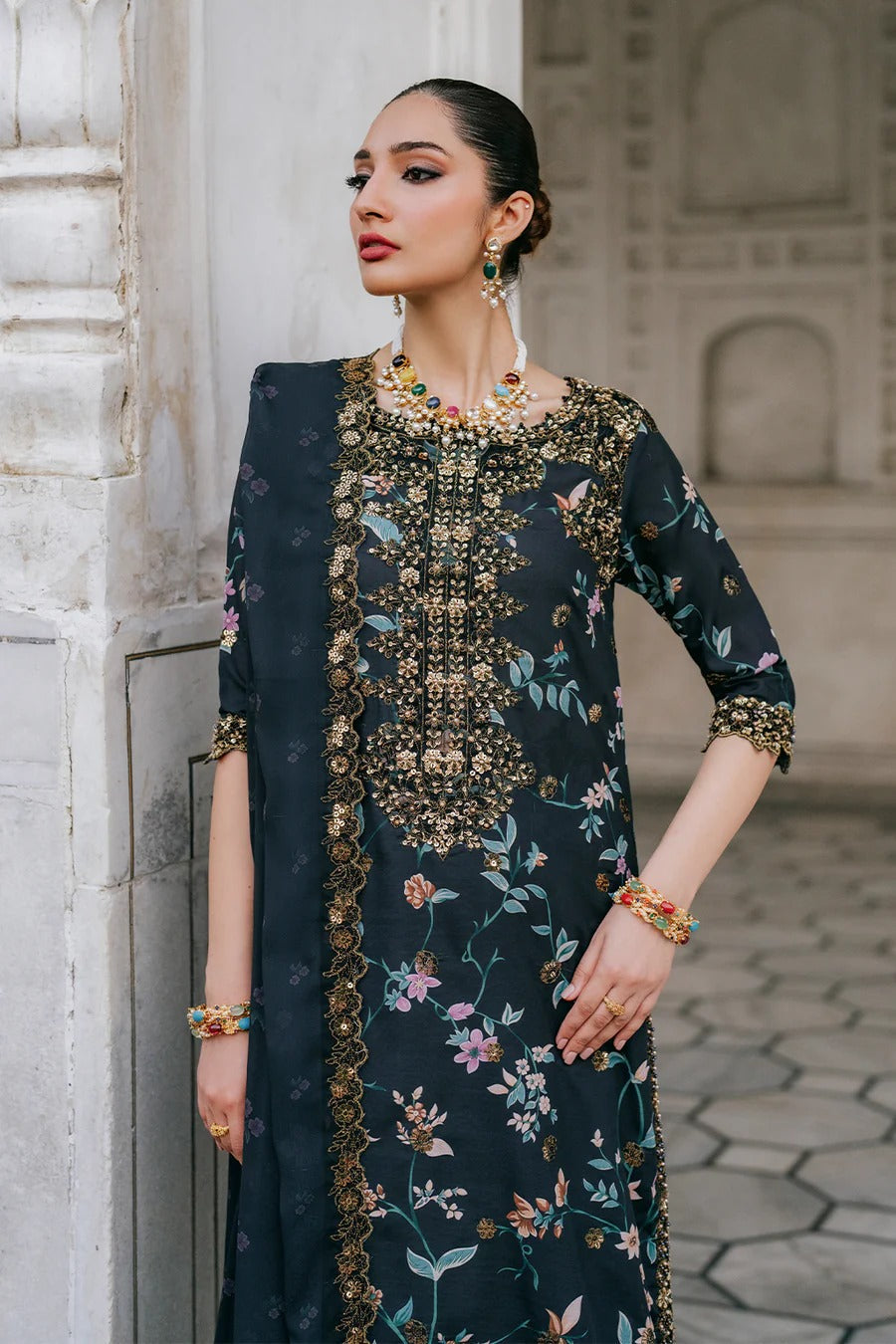Znik Black Linen Embroidered 3Pc Suit with Digital Printed Shirt, Trouser & Dupatta