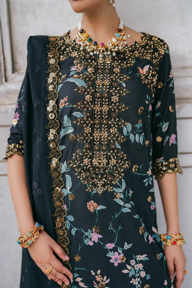 Znik Black Linen Embroidered 3Pc Suit with Digital Printed Shirt, Trouser & Dupatta