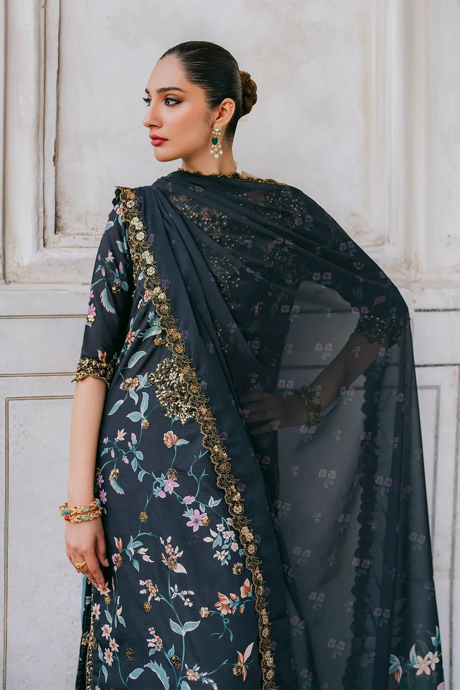 Znik Black Linen Embroidered 3Pc Suit with Digital Printed Shirt, Trouser & Dupatta