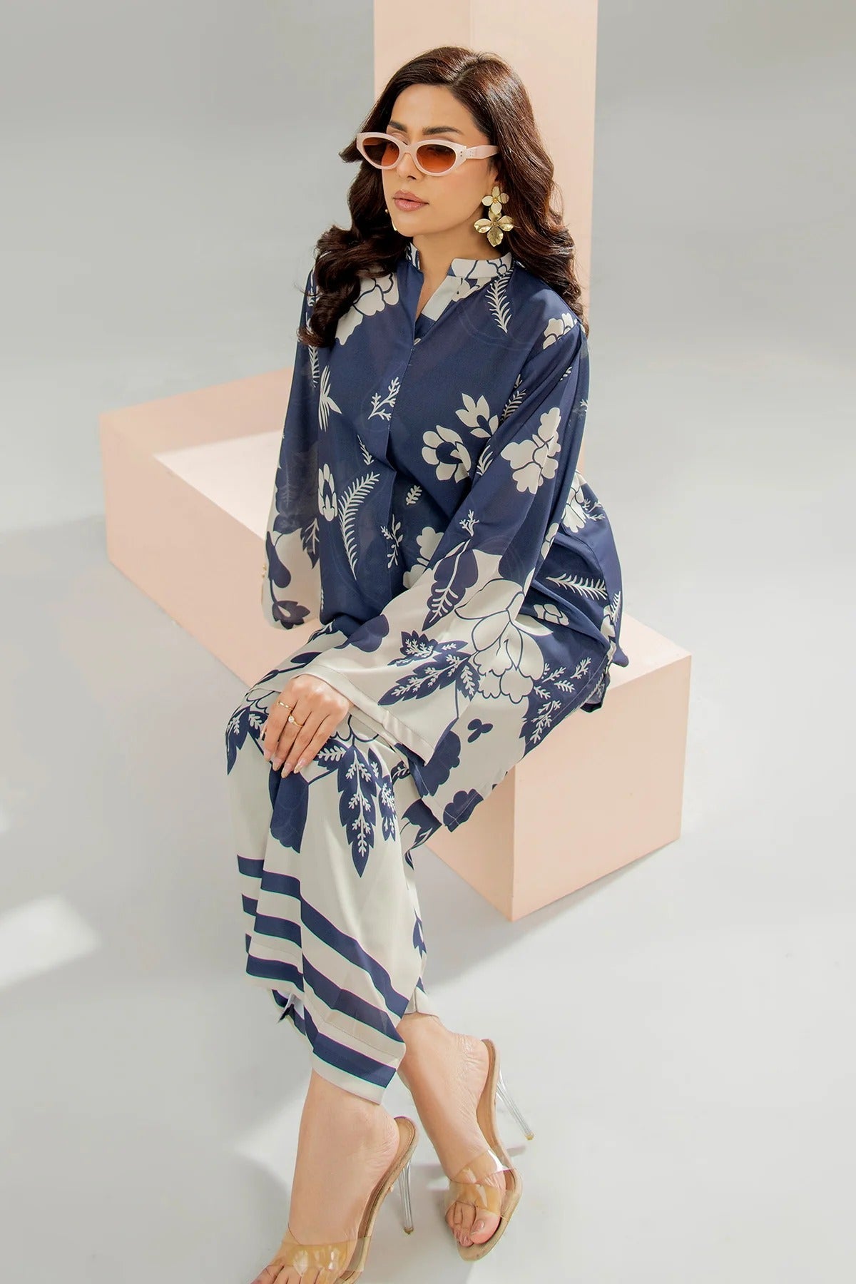 Navy Blue Floral Printed 2Pc Stitched Suit for Women with Stylish CoOrd Set