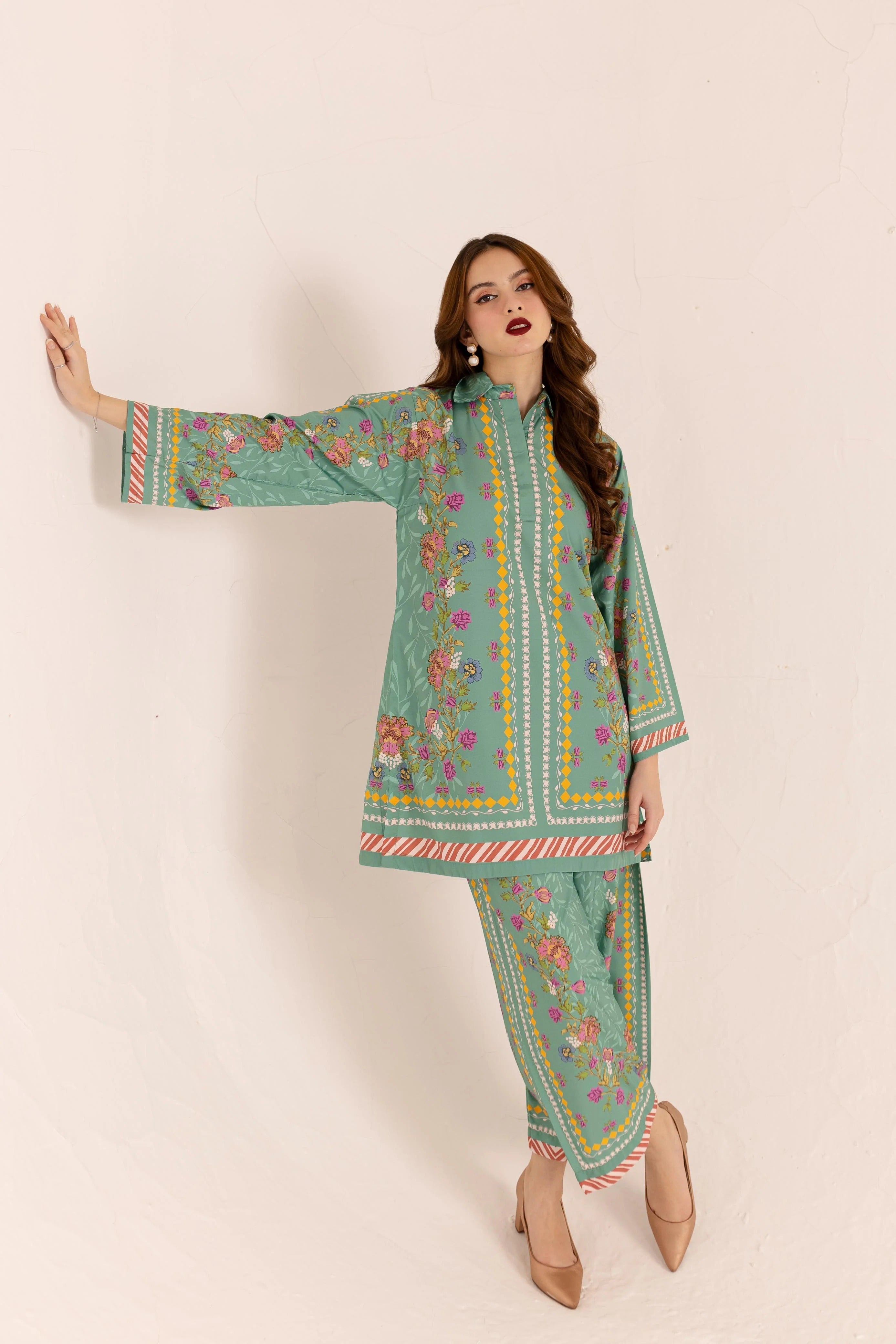 Mint Green 2Pc Crepe Suit with Floral Sublimation Print, Stylish Shirt & Trouser Ensemble