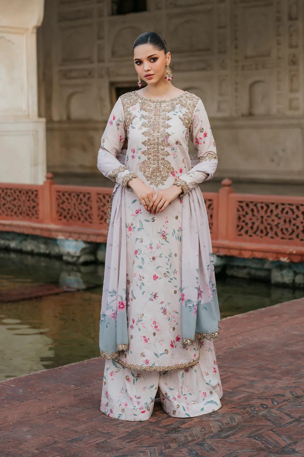 Znik Linen Embroidered 3Pc Suit with Soft Pink Floral Digital Print & Heavy Embroidery