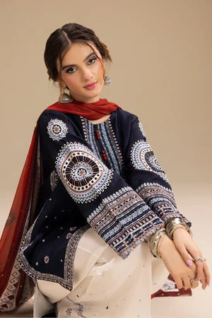 Luxury Navy Blue Embroidered Lawn 3PC Unstitched Suit & Printed Dupatta