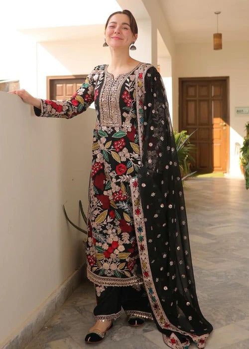 Premium Black Chiffon Embroidered 3Pc Suit with Satin Silk Trouser & Ready to Wear Dupatta